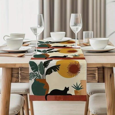 Chemin de table imprimé Chat et Plante Rétro Nordique, Décor de Table à Manger pour la Maison, Nappe Longue pour Salle à Manger 40x140cm gray