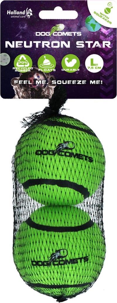 Dog Comets Neutron Star - Hondenbal met Pieper - Ø 7,5 cm - Hondenspeelgoed - Tennisbal - Stuiterende tennisbal - Groen - 2 stuks