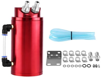 Dailygoods- Olie Opvangbak Aluminium - Universele Luchtolie-Afscheider - Slangaansluitingen 10/15 mm - Tankafmetingen 17 x 8 cm - Inclusief Slang en Klemmen - Eenvoudig te Installeren - Olieopvangbak