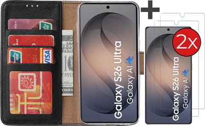 Hoesje met 2 Stuks Screenprotectors Geschikt voor Samsung Galaxy S26 Ultra – Arara bookcase met pasjeshouder - Zwart