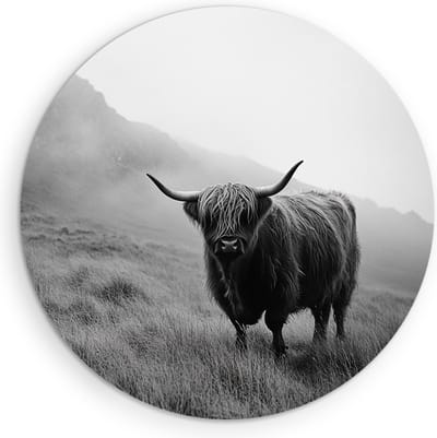 Saammp - Muurcirkel Hout - Schotse Hooglander Koe in het hoge gras - Landschap - Dieren - Natuur - Ø 90 - Wandcirkel - Wanddecoratie Cirkel - muurdecoratie Woonkamer - Slaapkamer decoratie - Rond Schilderij