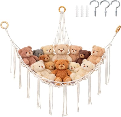 Geweven opbergnet voor knuffels - 100*100*140 cm - Driehoekig net - Hoeknet - Opbergnet/hangmat - Hangmat voor knuffels - Handgeweven net - Geschikt voor hoeken - Ophangnet - Inclusief installatiemateriaal