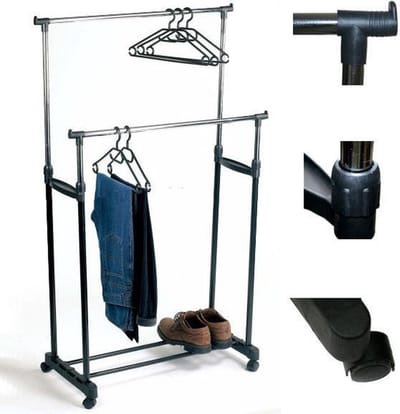 Dubbel kledingrek op wielen met instelbare hoogte - Mobiel kleding rek