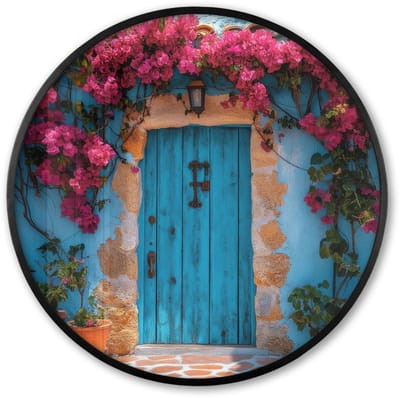 Poster in lijst Rond - Fotolijst 60x60 cm - Posters - Deur - Hout - Bloemen - Blauw - Ronde posterlijst zwart - Decoratie - Wanddecoratie woonkamer - Muurdecoratie slaapkamer