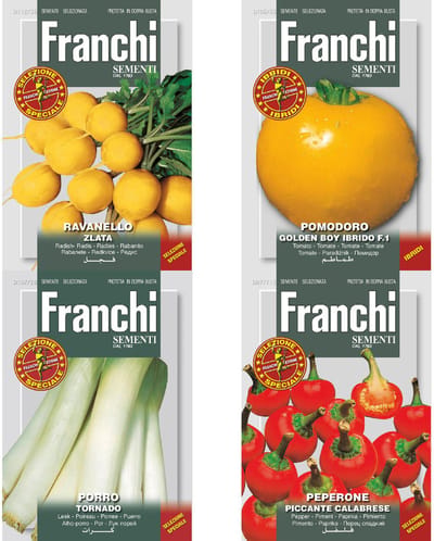 bijzondere buitenlandse groente zaden set van 4 soorten | Peper Peperone Piccante Calabrese | Tomaat Pomodori Golden Boy | Prei Porro Tornado D 'Elbeuf | Radijs Ravanello Zlata