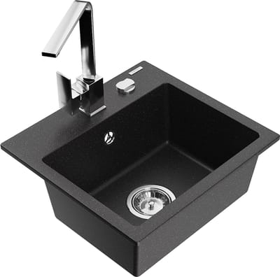 Mexen Milo granieten spoelbak 1-kompartment met keukenmengkraan Rita, zwart/zilver metallic - 6505-73-670300-00