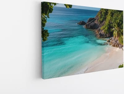 Saammp Canvas Schilderij - Strand tussen de Rotsen - Zee - 45x30 - Foto op canvas - Wanddecoratie - muurdecoratie Woonkamer - Slaapkamer decoratie - Canvas Print