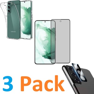 Soft TPU Siliconen Hoesje Back Cover + Privacy Scherm Tempered Glass Screen Protector  + Camera lens Beschermer zwart Geschikt voor :Samsung Galaxy S22