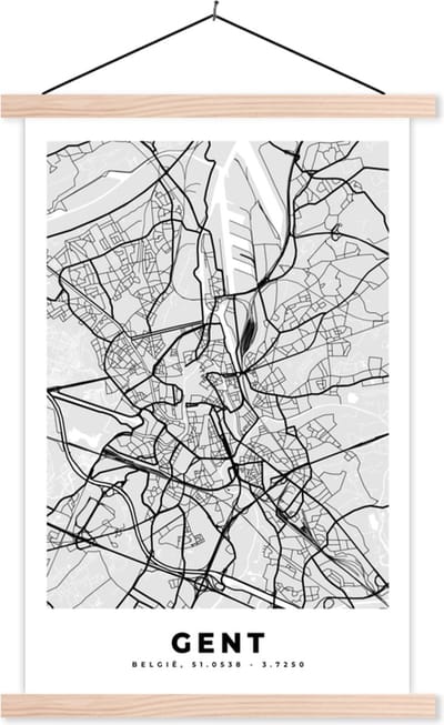 Posterhanger incl. Poster 40x60 cm - Schoolplaat - Plattegrond – Gent – Zwart Wit – Stadskaart - Kaart - Textielposter - Blanke latten - Stadskaart
