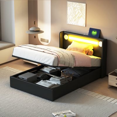MODENUIT Kinderbed 90x200 cm – Met Ledverlichting, Bluetoothspeler en 2 Usb-Aansluitingen – Opbergruimte – Zonder Matras – Zwart