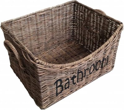 Rieten Badkamer Mand L - 32x25xH13/20 cm - Tekst Bathroom - SRIMIT GREY - Landelijke Opbergmand - Decoshoppen.nl