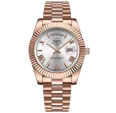 Nibosi - Herenhorloge - Doos - Horlogedoos - Mannen - Rosé Parelmoer Wit - RVS