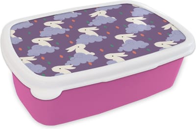 Broodtrommel Roze - Lunchbox - Brooddoos - Patronen - Konijn - Lucht - Paars - Meisjes - Kinderen - Kids - 18x12x6 cm - Kinderen - Meisje