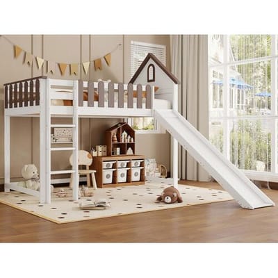 ModernLuxe Hoogslaper 90x200 cm met ladder en glijbaan - in grenenhout en MDF - Wit & Bruin
