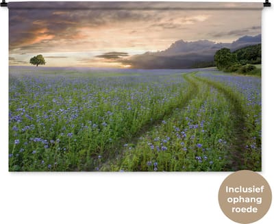 Wandkleed Bloemenvelden - Blauwe en paarse bloemen zonsondergang Wandkleed katoen 120x80 cm - Wandtapijt met foto