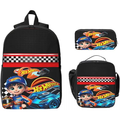 3 Stuks Hot-Wheels Spel Prints Rugzak Set voor Kinderen Etui Sets Schooltas Sets met Lunchbox Voor School Leerlingen Daypack black