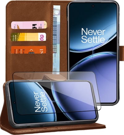 Hoesje geschikt voor OnePlus Nord 4 - Screenprotector Glas - Portemonnee Book Case Bruin