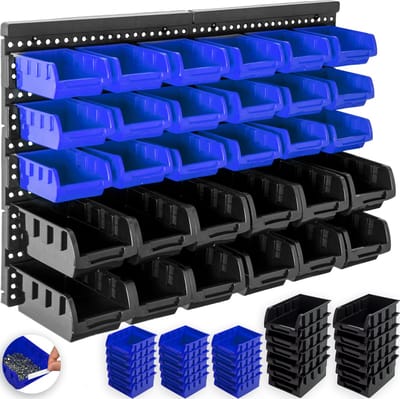 Masko® wandrek - stapelbak - gereedschapshouder Stapeldozen Muurplank 32tlg Doos Display Opbergdozen Bulkplank Boltless plank - Zwart / Blauw