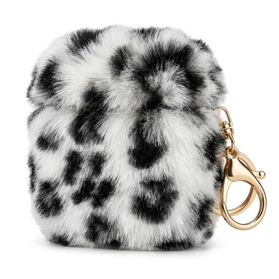 Zwart wit hoesje voor oordopjes dames met pluche luipaard print en zachte afwerking geschikt voor AirPods Pro 2 met harige textuur en goudkleurige clip