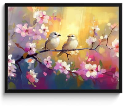 Poster in lijst - Fotolijst 70x50 cm - Posters - Vogels - Bloemen - Roze - Posterlijst zwart - Decoratie - Wanddecoratie woonkamer - Muurdecoratie slaapkamer
