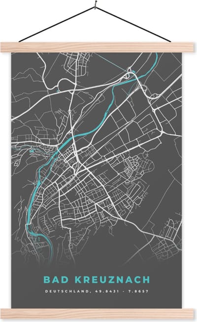 Posterhanger incl. Poster 40x60 cm - Schoolplaat - Bad Kreuznach – Stadskaart – Blauw – Plattegrond – Stadskaart – Kaart - Duitsland - Textielposter - Blanke latten - Stadskaart