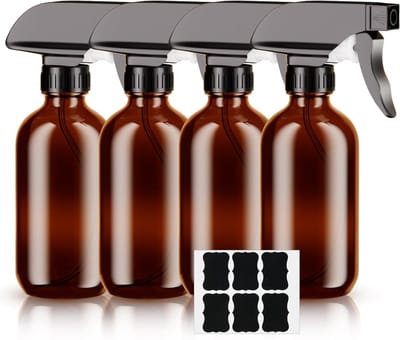 Set van 4 Amber Glazen Sprayflessen 240ml met Mistinstellingen en Zwarte Pompen - Ideaal voor Schoonmaken, Haarverzorging en Meer