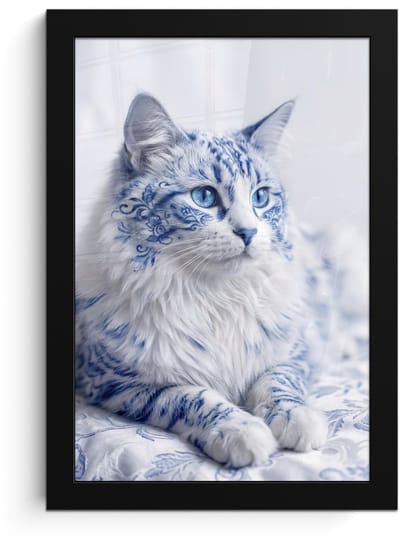 Poster in lijst - Fotolijst 20x30 cm - Posters - Kat - Patroon - Blauw - Posterlijst zwart - Decoratie - Wanddecoratie woonkamer - Muurdecoratie slaapkamer