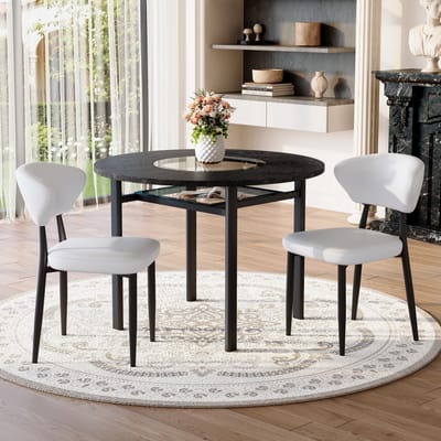 Moderne minimalistische ronde tafelset (met 2 witte fauteuils van PU-materiaal en gebogen comfortabele rugleuning), ronde tafel met een diameter van 100 cm in zwart houtlook, geschikt voor woonkamer etc.