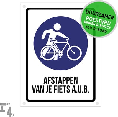 Pictogram/ bord Dibond + boorgaten | "Afstappen van je fiets a.u.b." | 27 x 36 cm | Gevaar | Fietser | Duurzaam | 1 stuk