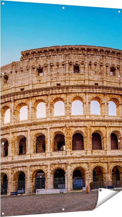 Gards Tuinposter Colosseum in Rome met de Blauwe Lucht - 100x150 cm - Tuindoek - Tuindecoratie - Wanddecoratie buiten - Tuinschilderij