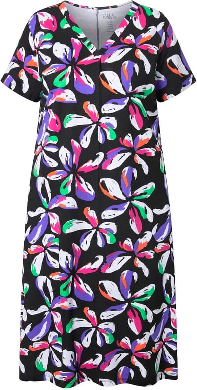 Ulla Popken - Dames - Midi-jurk bloemen A-lijn V-hals korte mouwen zakken - Zwart - Maat 58+