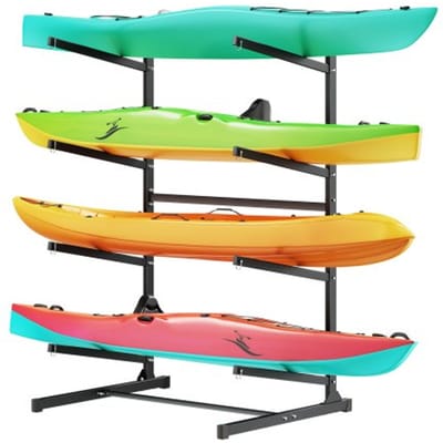 VEVOR Vrijstaande kajakopbergstandaard voor 4 kajaks/kano's/surfplanken/paddleboards, kajakstandaard voor binnen- en buitengebruik, verstelbare kajakhouder, draagvermogen van 90 kg.
