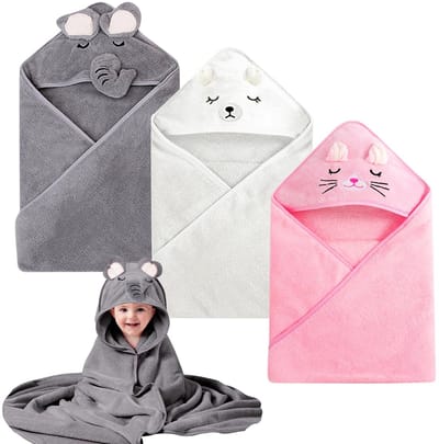 Dailygoods- Babybadcape 80 x 80 cm - Babyhanddoek met Capuchon - Super Absorberend - Koraalpluche - Set van 3 - Zachte Bescherming