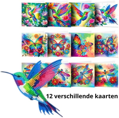 IZGO Diamond Painting Kaarten – 12 Wenskaarten met envelop - Zonder Tekst - Volwassenen – Volledig Pakket - Diamant schilderen = Kolibri en Vlinder
