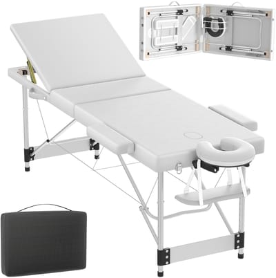 Opvouwbare 3-Zone Massagetafel - Aluminium Frame - Schuimvulling - Verstelbare Hoogte - Schoonheidsbed Met Hoofdsteun En Armleuningen - Behandelbank - Maximaal Belasting 230 kg - Wit - NAIZY