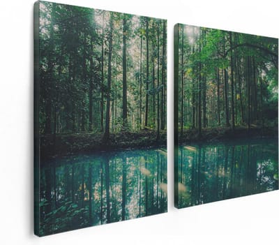 Artaza Canvas Schilderij Tweeluik Bos Bij Een Groen Meer - 120x80 - Foto Op Canvas - Canvas Print