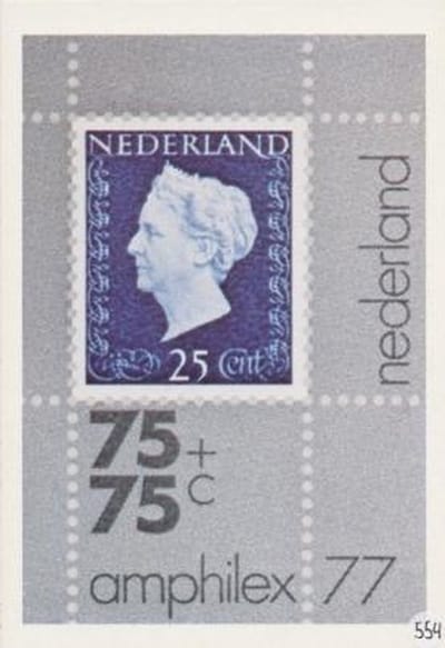 Briefkaart met afbeelding Verkleinde reproductie van zegels met beeltenis van H.M. Koningin Wilhelmina postzegel