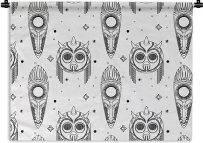 Wandkleed - Wanddoek - Maya - Maskers - Zwart-Wit - Patroon - 60x45 cm - Wandtapijt