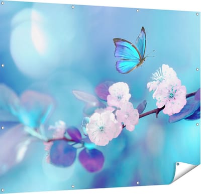 Gards Tuinposter Blauwe Vlinder bij een Roze Bloem - 150x120 cm - Tuindoek - Tuindecoratie - Wanddecoratie buiten - Tuinschilderij