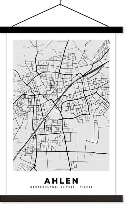 Posterhanger incl. Poster 40x60 cm - Schoolplaat - Kaart - Plattegrond - Duitsland - Ahlen - Stadskaart - Textielposter - Zwarte latten - Stadskaart