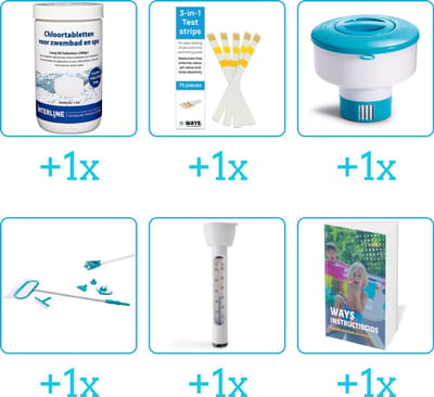 Zwembad Onderhoudspakket - Onderhoud Zwembad - bevat Chloor - Testrips - Chloordrijver - Schoonmaakset - Thermometer en Zwembadgids (6-delig)