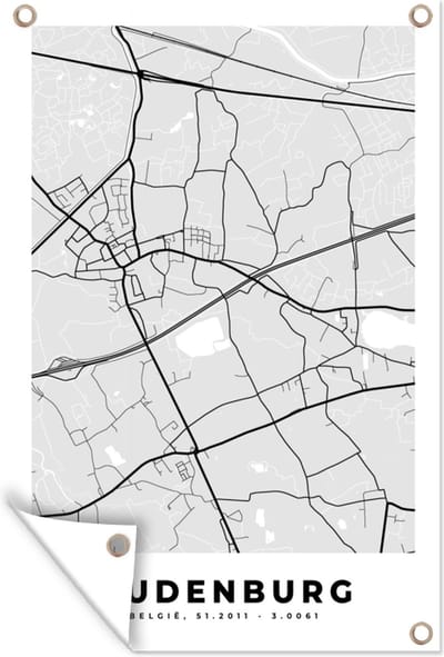 Muurdecoratie Stadskaart – Zwart Wit - Kaart – Oudenburg – België – Plattegrond - 120x180 cm - Tuinposter - Tuindoek