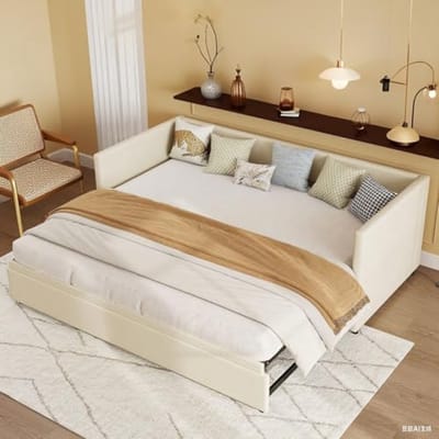 DAHUEN Slaapbank voor 2-zits, slaapbank 90/180 x 200 cm, met lattenbodem, uittrekbaar chaise longue, fluweel, beige (zonder matras) (beige)