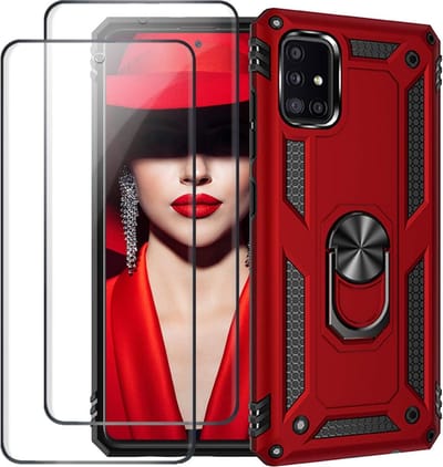Telefoonhoesje Geschikt voor: Samsung Galaxy A71 hoesje Schokbestendige ring armor met 2X volledige schermdekking Screenprotector rood