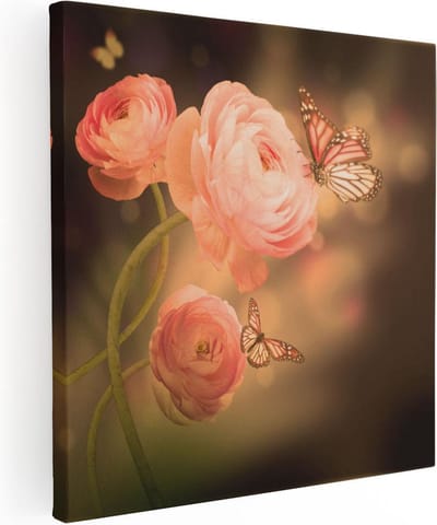 Artaza Canvas Schilderij Bloemen Met Vlinders - 30x30 cm - Klein - Wanddecoratie Woonkamer - Muurdecoratie Rozen - Kamer Accessoires
