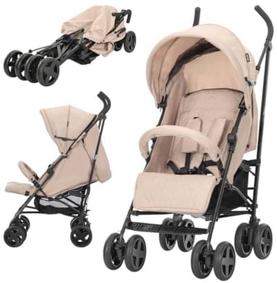 Kinderwagen met draaibare voorwielen en verstelbare rugleuning in beige-zwart