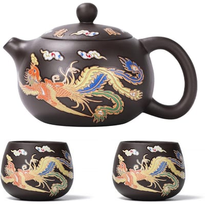Theepot Handgemaakt Draken Feniksen Kleurveranderend Paars Klei Theepot Gemakkelijk Schoonmaken Gongfu Theepot Cadeau-idee voor Theeliefhebber Theekopjes Set