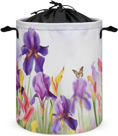 Opvouwbare wasmand - Vuile kleding tas - Huishoudelijk gebruik - Met trekkoord sluiting - 35x35x44 cm - Iris Bloem Vlinder