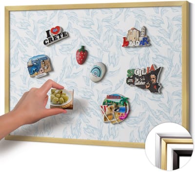 Wallfluent - Blauw Magneetbord Met Decoratieve Patronen - 70 cm x 50 cm - Magneetbord met Gouden Frame - Regelmatig bladpatroon - Magnetisch Bord Foto Bevestiging - Magnetisch Bord Muurbevestiging - Design Magneetbord met Frame