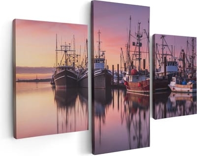 Artaza Canvas Schilderij Drieluik Schepen in de Haven - Boten - 90x60 - Foto Op Canvas - Canvas Print